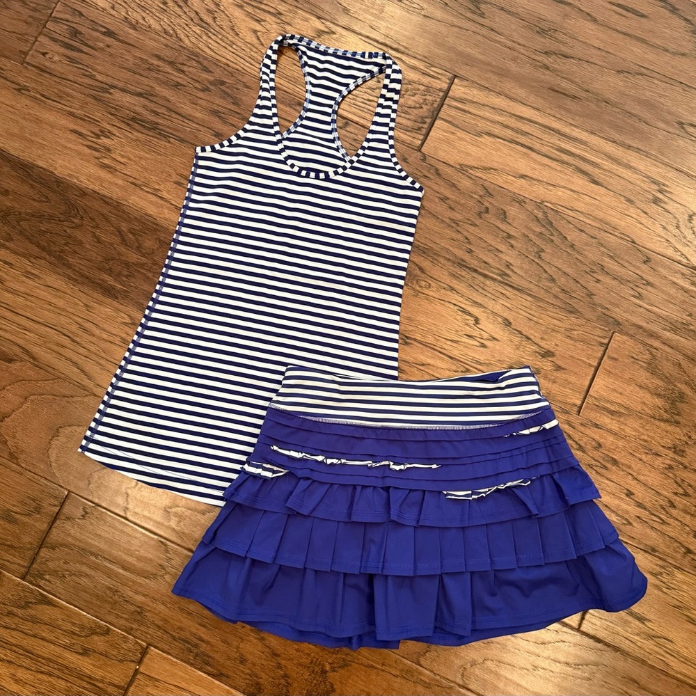 Rare Lululemon Pigment Blue Back On Track Skirt & Striped CRB Tank Top